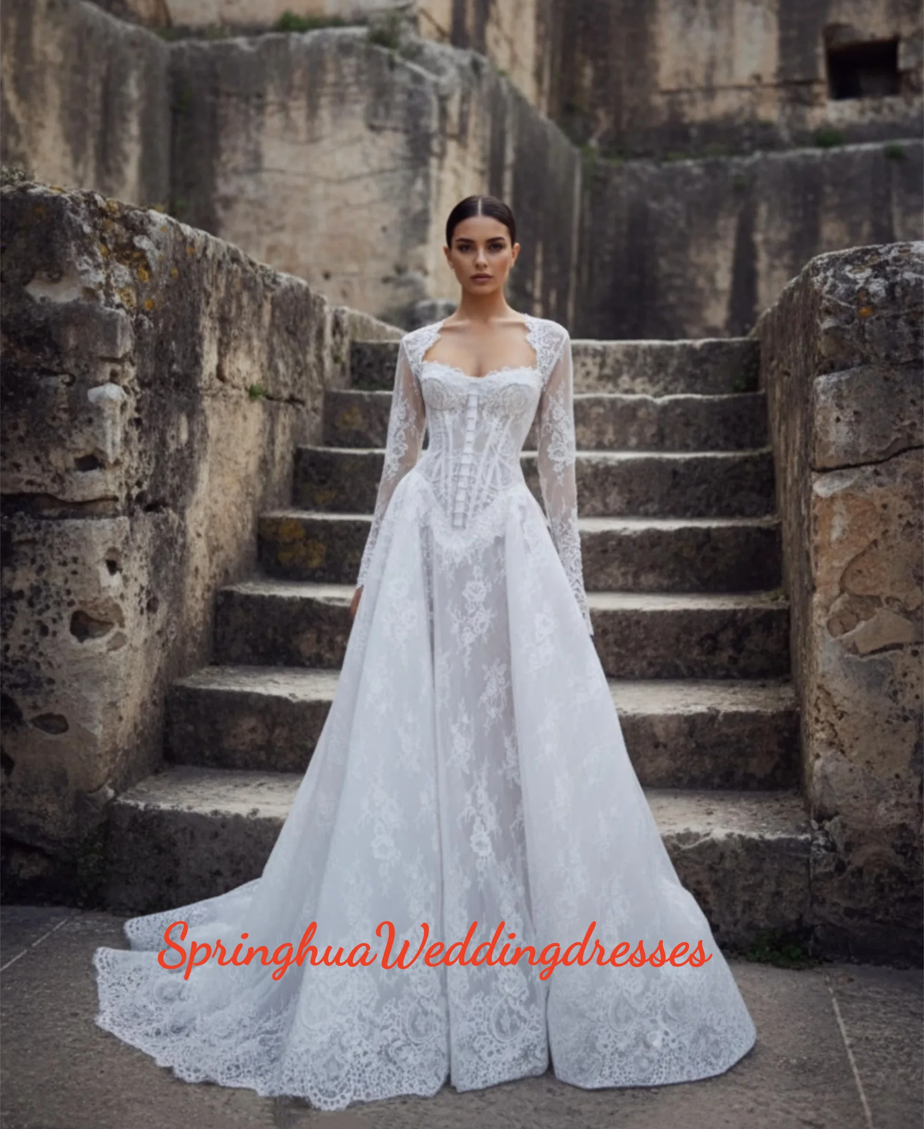 Customized Elegant Strapless Long Sleeve Ball Dress Vintage Transparent Lace Tight corset Bride Dress Church Train Robe vestidos
Customized Elegant Strapless Long Sleeve Ball Dress Vintage Transparent Lace Tight corset Bride Dress Church Train Robe vestidos