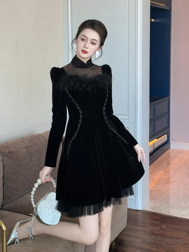 Spring New Women's French Stand-Up Collar Waist Slimming Black Irregular Velvet Dress
Spring New Women's French Stand-Up Collar Waist Slimming Black Irregular Velvet Dress