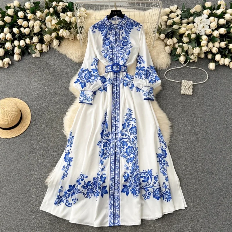 F Elegant Blue And White Porcelain Flower Print Dresses Women Stand Collar Lantern Long Sleeve Belt Vintage Single Breasted Robe
F Elegant Blue And White Porcelain Flower Print Dresses Women Stand Collar Lantern Long Sleeve Belt Vintage Single Breasted Robe