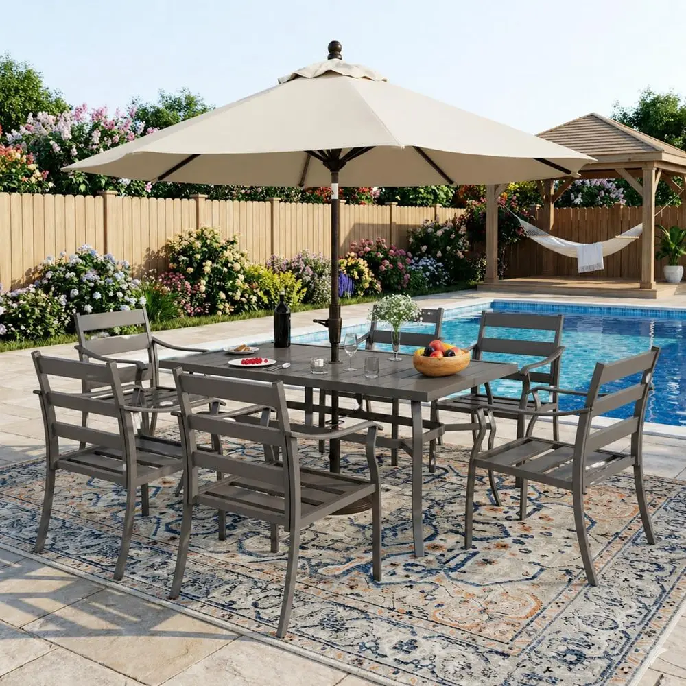 7-Piece Outdoor Dining Set with Metal Chairs and Umbrella Hole for Patio, Deck, and Garden
7-Piece Outdoor Dining Set with Metal Chairs and Umbrella Hole for Patio, Deck, and Garden
