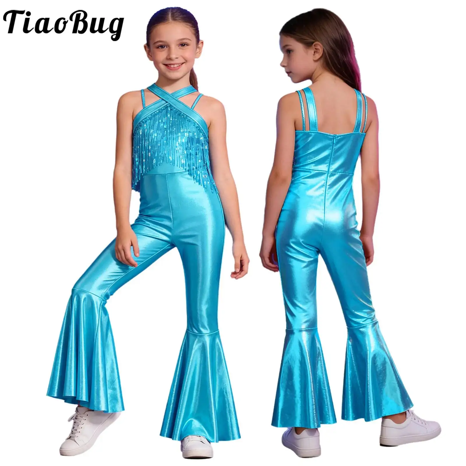 Kid Girls Metallic 70s Prom Flare Jumpsuit Jazz Dresses Sequin Tassels Sleeveless Zipper Long Pants Romper for Disco Dance Party
Kid Girls Metallic 70s Prom Flare Jumpsuit Jazz Dresses Sequin Tassels Sleeveless Zipper Long Pants Romper for Disco Dance Party
