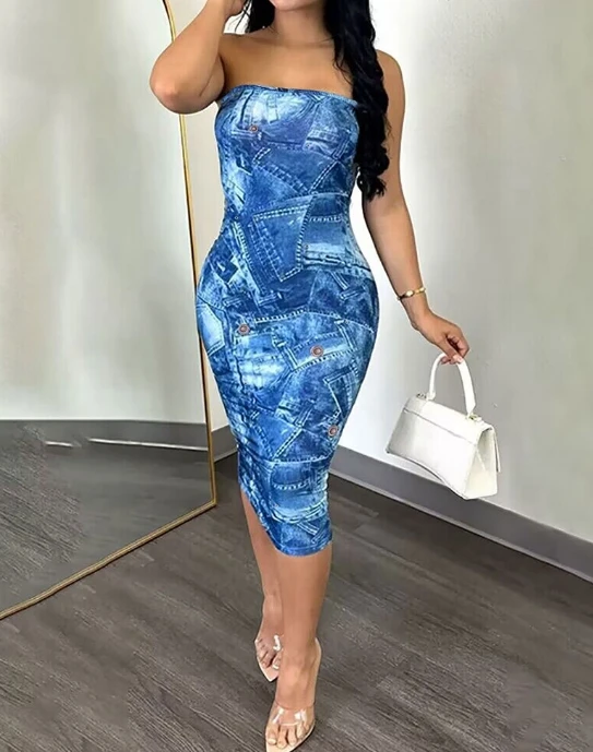 Womens Dresses 2024 Summer Fashion Imitation Denim Printed Bandeau Sleeveless Casual Skinny Daily Midi Dress
Womens Dresses 2024 Summer Fashion Imitation Denim Printed Bandeau Sleeveless Casual Skinny Daily Midi Dress