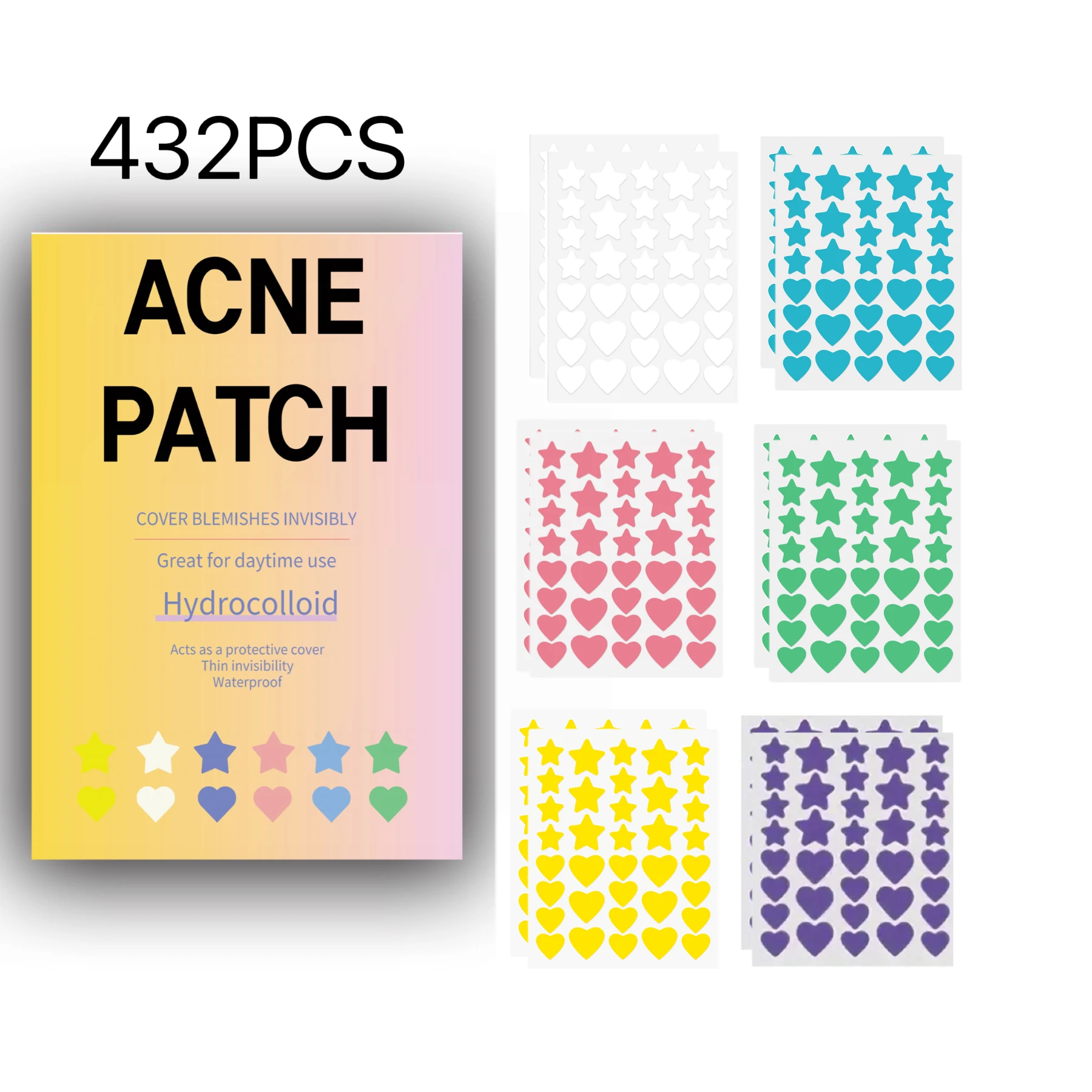 Cute Heart Star Acne Patches 432Pcs, Soft Hydrocolloid Waterproof Invisible Blemish Cover Skin Care Stickers
Cute Heart Star Acne Patches 432Pcs, Soft Hydrocolloid Waterproof Invisible Blemish Cover Skin Care Stickers