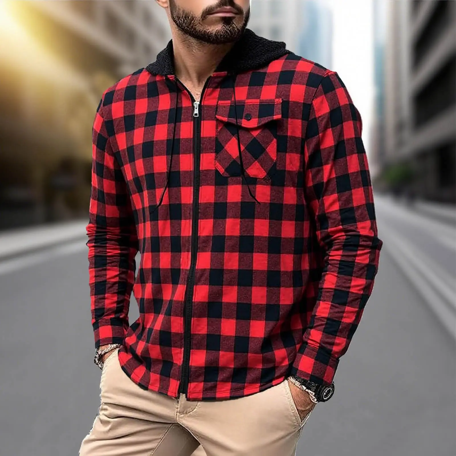 Men Fashion Classic Red Black Plaid Shirt Casual Simple Style Comfort Smooth Top With Zipper Male Loose Elastic Hooded Outwear
Men Fashion Classic Red Black Plaid Shirt Casual Simple Style Comfort Smooth Top With Zipper Male Loose Elastic Hooded Outwear