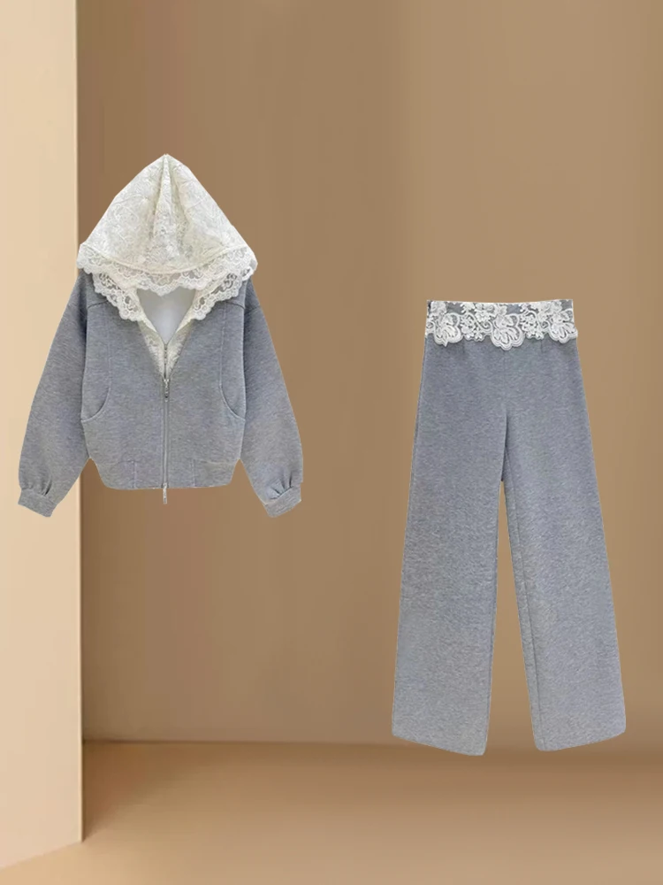 Fashionable Women's Lace Hoodie And Pants Set Korean Style High Sensation Patchwork Two Piece Suite Long Sleeve Zipper Closure
Fashionable Women's Lace Hoodie And Pants Set Korean Style High Sensation Patchwork Two Piece Suite Long Sleeve Zipper Closure