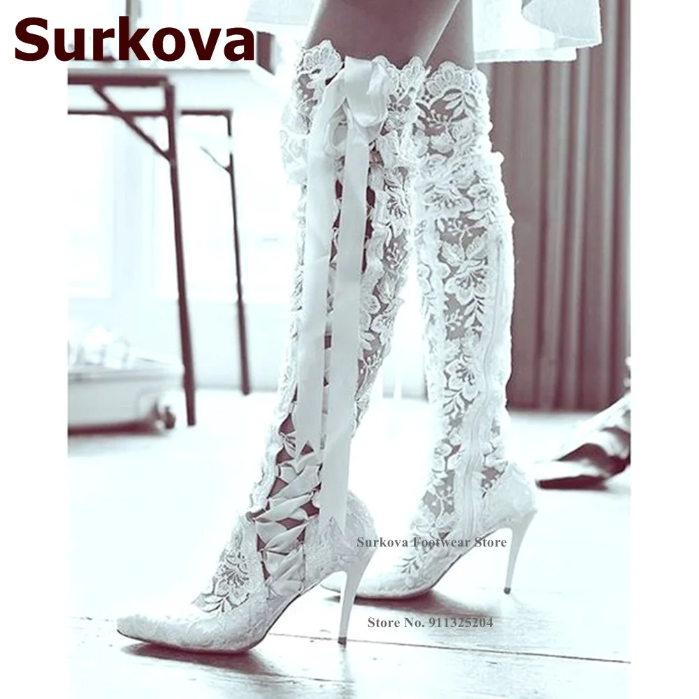 Surkova White Lace Flowers Embroidery Over The Knee Boots Thin High Heel Pointed Toe Silk Ribbon Lace-up Thigh Boots Red Black
Surkova White Lace Flowers Embroidery Over The Knee Boots Thin High Heel Pointed Toe Silk Ribbon Lace-up Thigh Boots Red Black