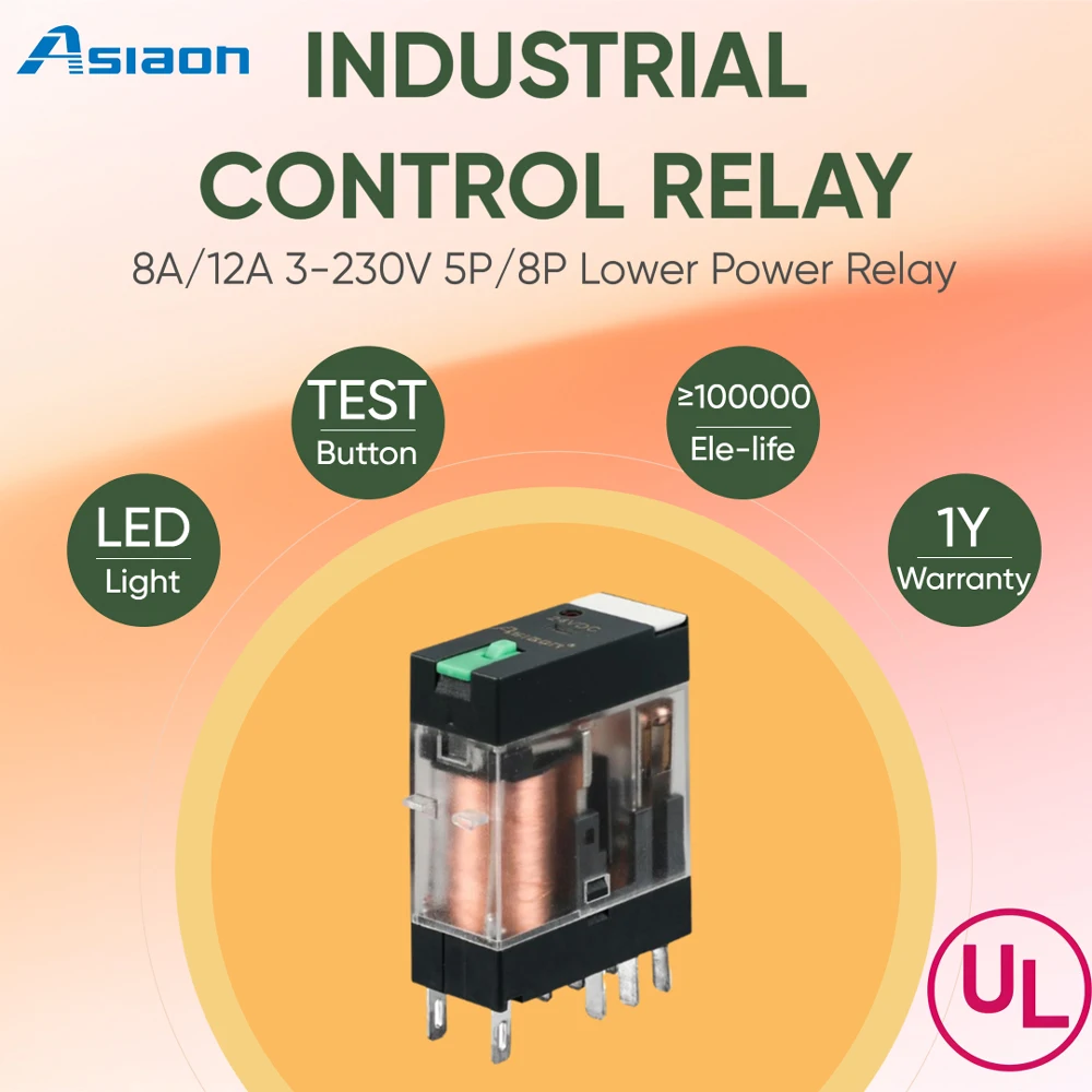 New Asiaon Hot Selling Mini Relays AS14F-LS 2Z 8 Pin 8A/12A 3-110VDC 6-230VAC /CE Certified Sealed Wide Foot for General Purpose
New Asiaon Hot Selling Mini Relays AS14F-LS 2Z 8 Pin 8A/12A 3-110VDC 6-230VAC /CE Certified Sealed Wide Foot for General Purpose