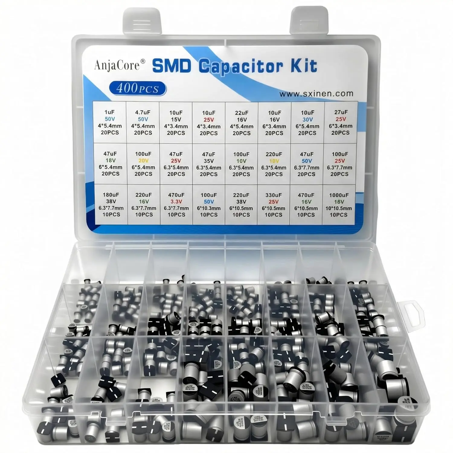 400 Pcs 24 Values 1uF-1000uF SMD Aluminum Electrolytic Capacitor Kit with Storage Box for DIY Repair LED Projects
400 Pcs 24 Values 1uF-1000uF SMD Aluminum Electrolytic Capacitor Kit with Storage Box for DIY Repair LED Projects