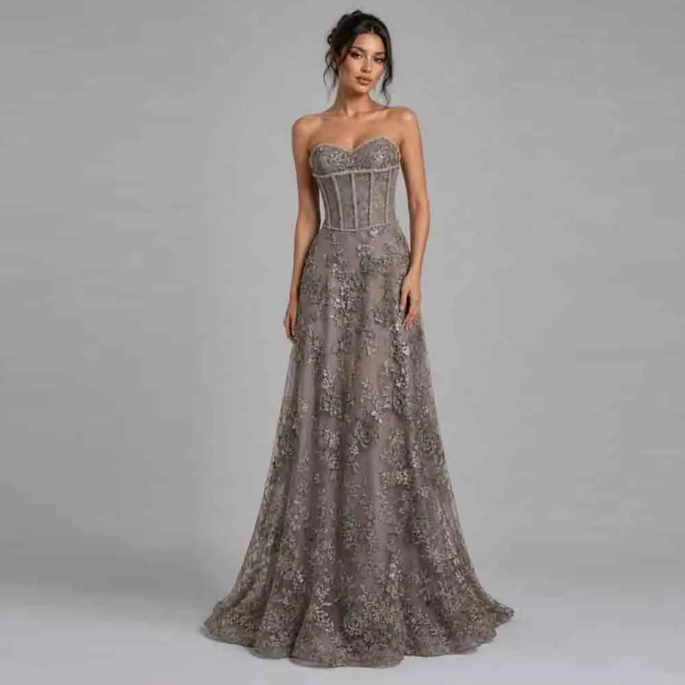 Customized Lace Corset Evening Dress 2026 Strapless Beading Embroidery Formal Party Gown Gray A Line Weddig Guest Evening Wear
Customized Lace Corset Evening Dress 2026 Strapless Beading Embroidery Formal Party Gown Gray A Line Weddig Guest Evening Wear