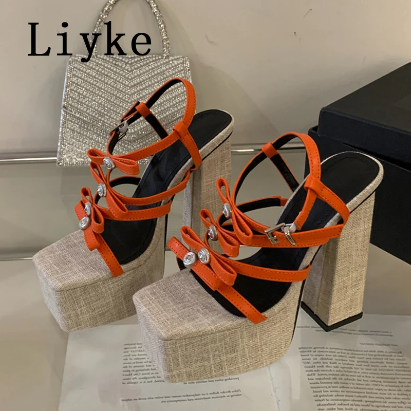 Liyke Fashion Wood Platform Sandals For Women Crystal Metal Bowknot Narrow Band Square Toe Super High Heels Party Banquet Shoes
Liyke Fashion Wood Platform Sandals For Women Crystal Metal Bowknot Narrow Band Square Toe Super High Heels Party Banquet Shoes