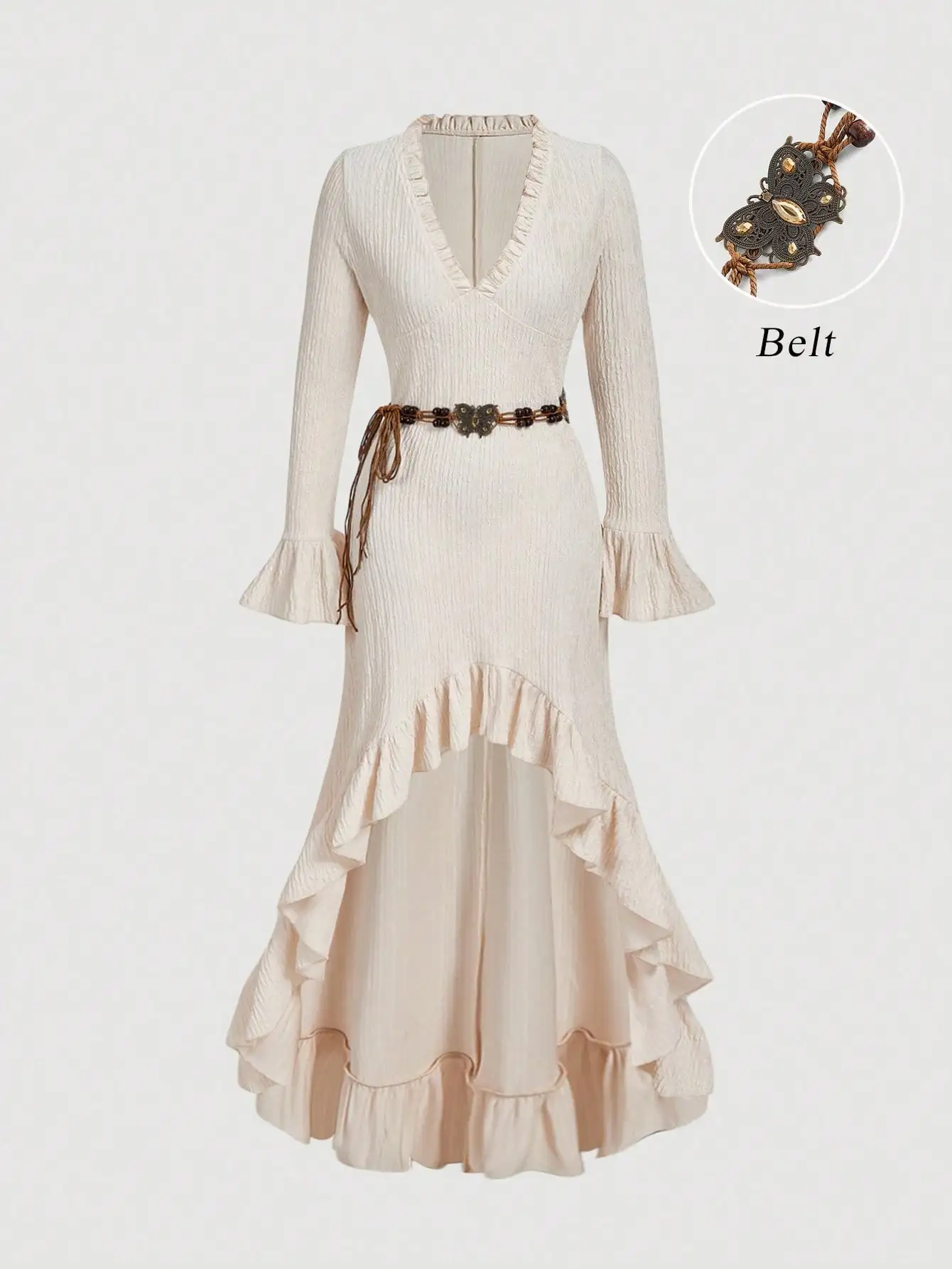 Cream V-Neck Long Sleeve Ruffle Hem Dress with Boho Belt
Cream V-Neck Long Sleeve Ruffle Hem Dress with Boho Belt