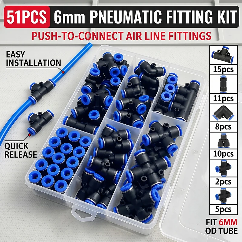 Boxed 51 PCs Assorted Pneumatic Fittings Kit – PU-6/PE-6/PZA-6/PY-6/PV-6/PG-6/PK-6 for 6mm Outer Diameter Air Hose Connectors
Boxed 51 PCs Assorted Pneumatic Fittings Kit – PU-6/PE-6/PZA-6/PY-6/PV-6/PG-6/PK-6 for 6mm Outer Diameter Air Hose Connectors