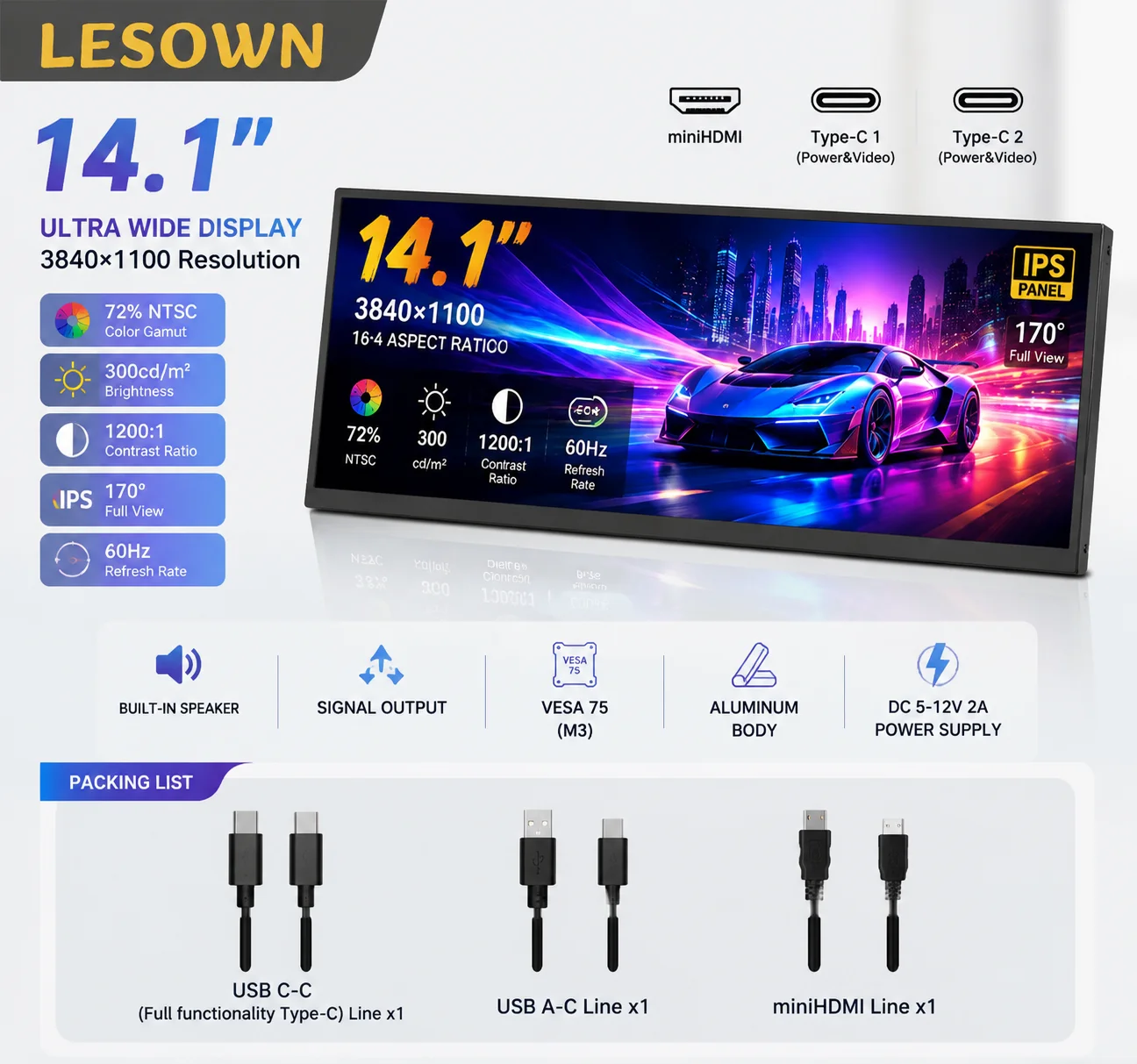 LESOWN 14.1" Intuitive Control Dual Display 16:4 Bar Monitor Plug and Play Aluminium Matte Black Screen for Steam Deck
LESOWN 14.1" Intuitive Control Dual Display 16:4 Bar Monitor Plug and Play Aluminium Matte Black Screen for Steam Deck