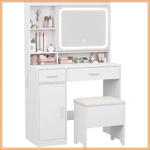 4 Shelves, 2 Drawers, 1 Cabinet, 1 Stool Vanity Desk Bedroom Makeup Dressing