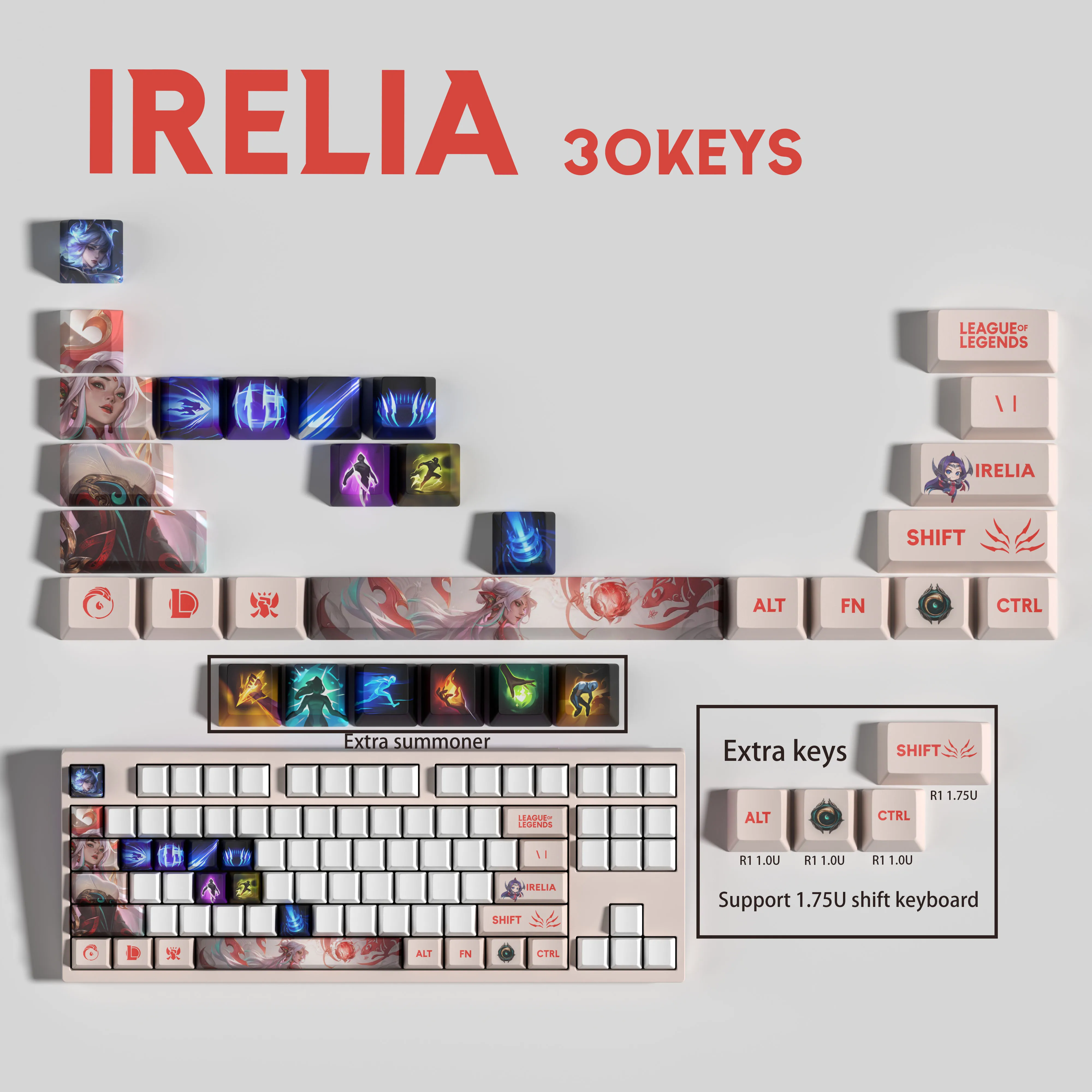 IRELIA KEYCAPS Новый дизайн колпачков для клавиш League of Legends 30KEYCAPS OEM-профильные колпачки для механической клавиатуры
IRELIA KEYCAPS Новый дизайн колпачков для клавиш League of Legends 30KEYCAPS OEM-профильные колпачки для механической клавиатуры