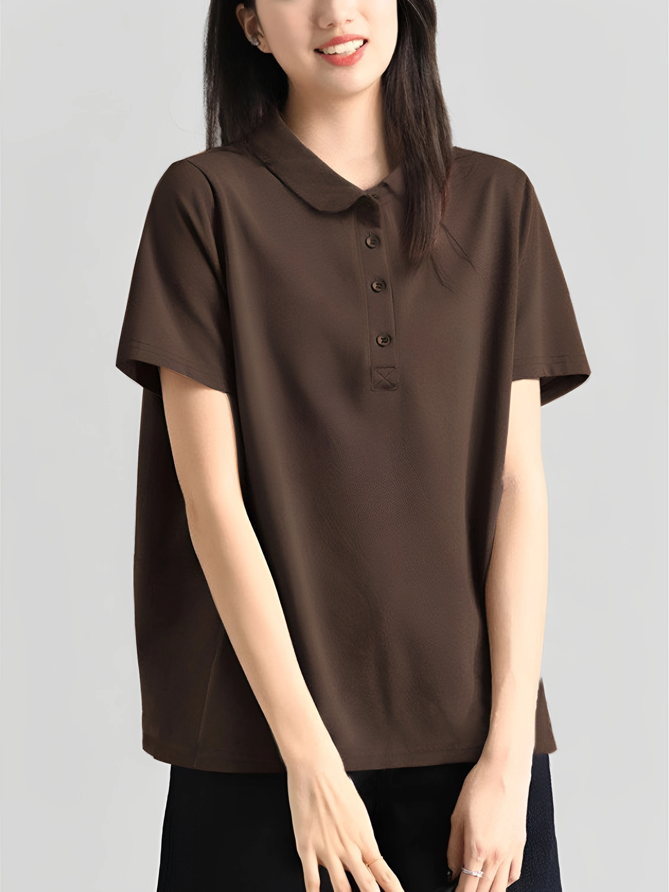 Loose Fit Women's Neck Short Sleeve Cotton T-Shirt Button up Casual Style Korean Version New Arrival Ladies' Top
Loose Fit Women's Neck Short Sleeve Cotton T-Shirt Button up Casual Style Korean Version New Arrival Ladies' Top