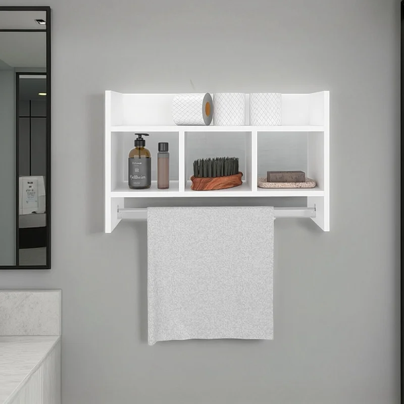 White Bathroom Shelf with Towel Bar and Open Storage Space
White Bathroom Shelf with Towel Bar and Open Storage Space