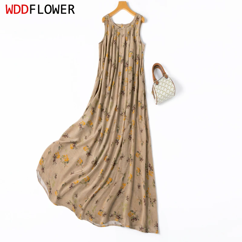 Women Silk Tank Dress 100% Mulberry Silk 16 Momme Crepe Silk Camel Floral Printed Sleeveless A-Line Long Type Midi Dress M1330 
Women Silk Tank Dress 100% Mulberry Silk 16 Momme Crepe Silk Camel Floral Printed Sleeveless A-Line Long Type Midi Dress M1330