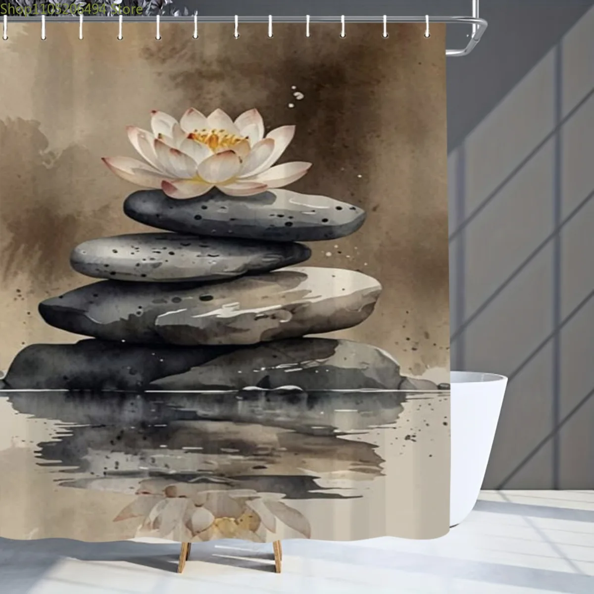 1pc Stacked Stones with Lotus Flower Print Bathroom Curtain, Digital Printed Polyester Shower Curtain, No-Hole Ultra-Wide Ring
1pc Stacked Stones with Lotus Flower Print Bathroom Curtain, Digital Printed Polyester Shower Curtain, No-Hole Ultra-Wide Ring