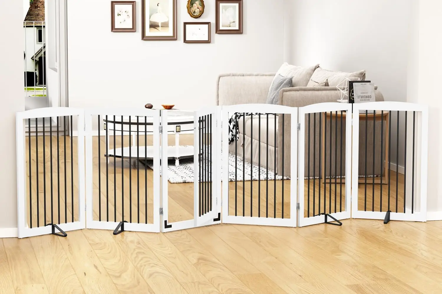 Freestanding Pet Gate with Door, Tall Dog Gate for House, Extra Wide, 120" Wide, 6 Panels 32" Tall, White & Black
Freestanding Pet Gate with Door, Tall Dog Gate for House, Extra Wide, 120" Wide, 6 Panels 32" Tall, White & Black