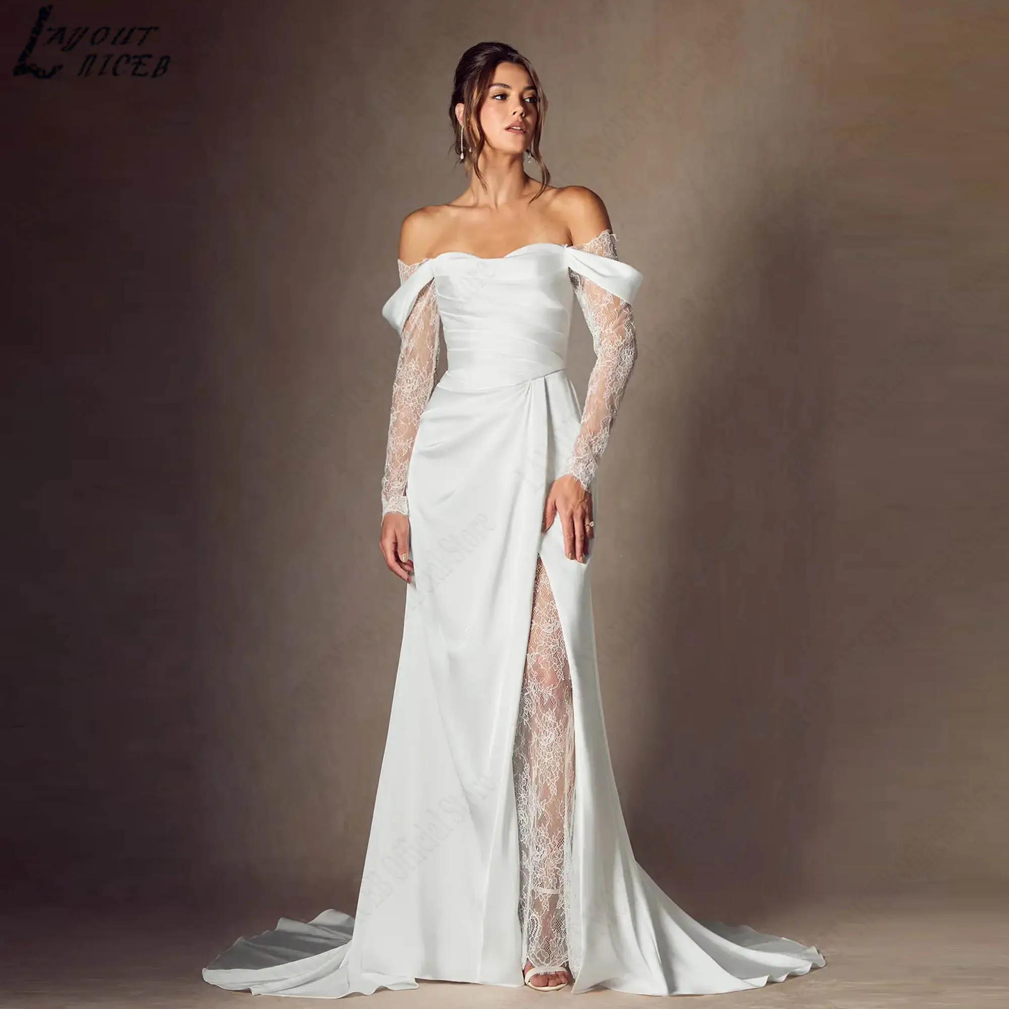 Off Shoulder Satin Lace Bridal Dress Elegant A-line Side Slit Plus Size Wedding Gown Simple Backless vestidos de novia Customize
Off Shoulder Satin Lace Bridal Dress Elegant A-line Side Slit Plus Size Wedding Gown Simple Backless vestidos de novia Customize