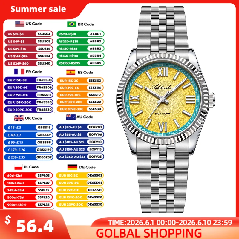 ADDIESDIVE VH31 Quartz Watches For Men 36mm Sapphire Glass Wristwatch Super Luminous 100m Waterproof Stainless Steel Male Clock
ADDIESDIVE VH31 Quartz Watches For Men 36mm Sapphire Glass Wristwatch Super Luminous 100m Waterproof Stainless Steel Male Clock