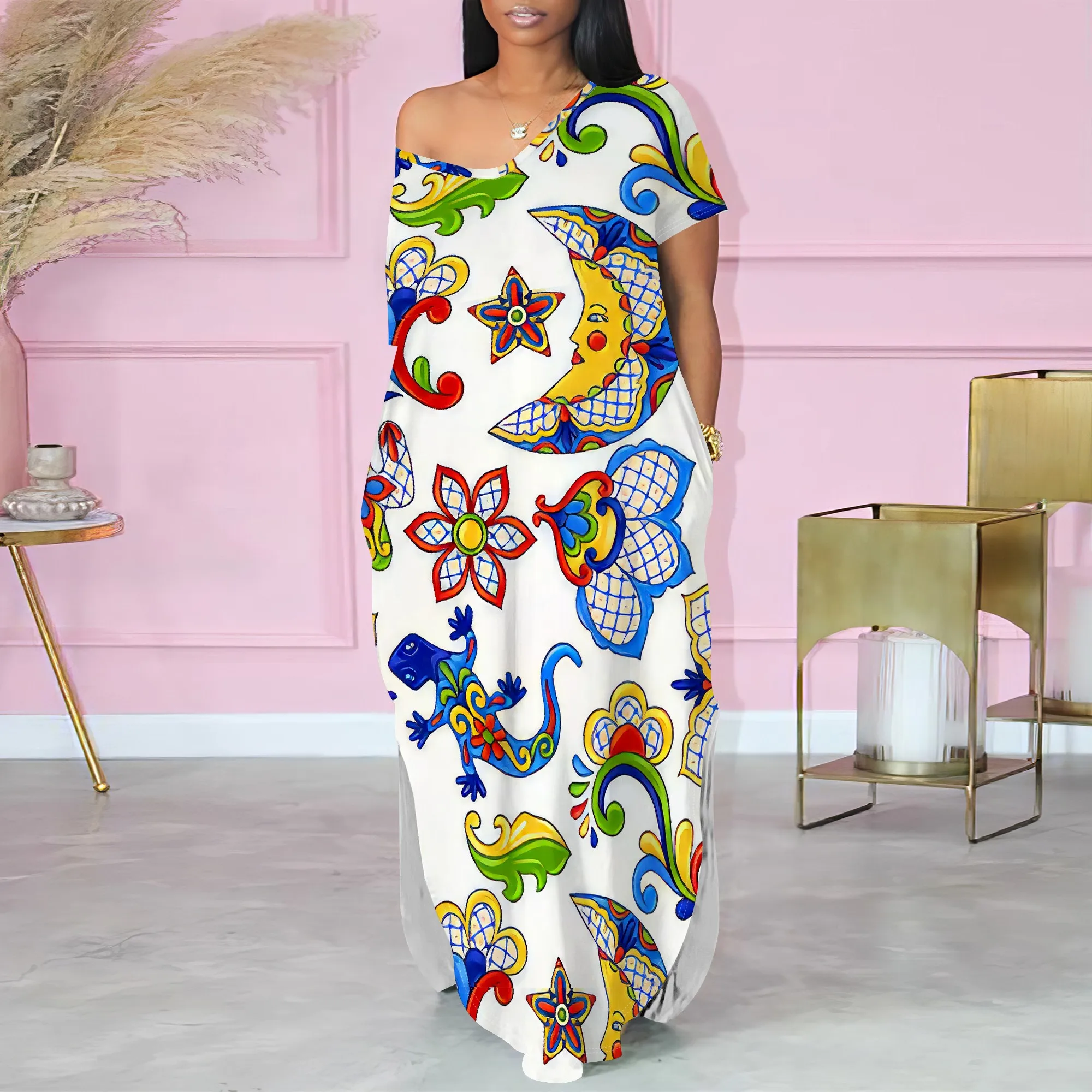 Summer Casual Off Shoulder Maxi Dress Women Lizard Floral Print Loose Beach Holiday Sundress
Summer Casual Off Shoulder Maxi Dress Women Lizard Floral Print Loose Beach Holiday Sundress