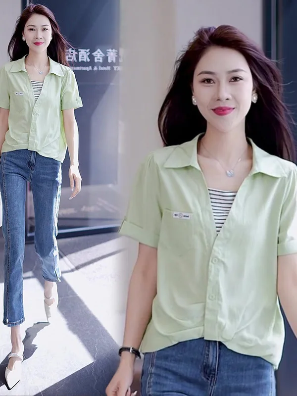 Fashionable Fake Two-Piece Ladies Shirt Short Sleeve Neck Design Korean Style Loose Fit Color Summer New Arrival
Fashionable Fake Two-Piece Ladies Shirt Short Sleeve Neck Design Korean Style Loose Fit Color Summer New Arrival
