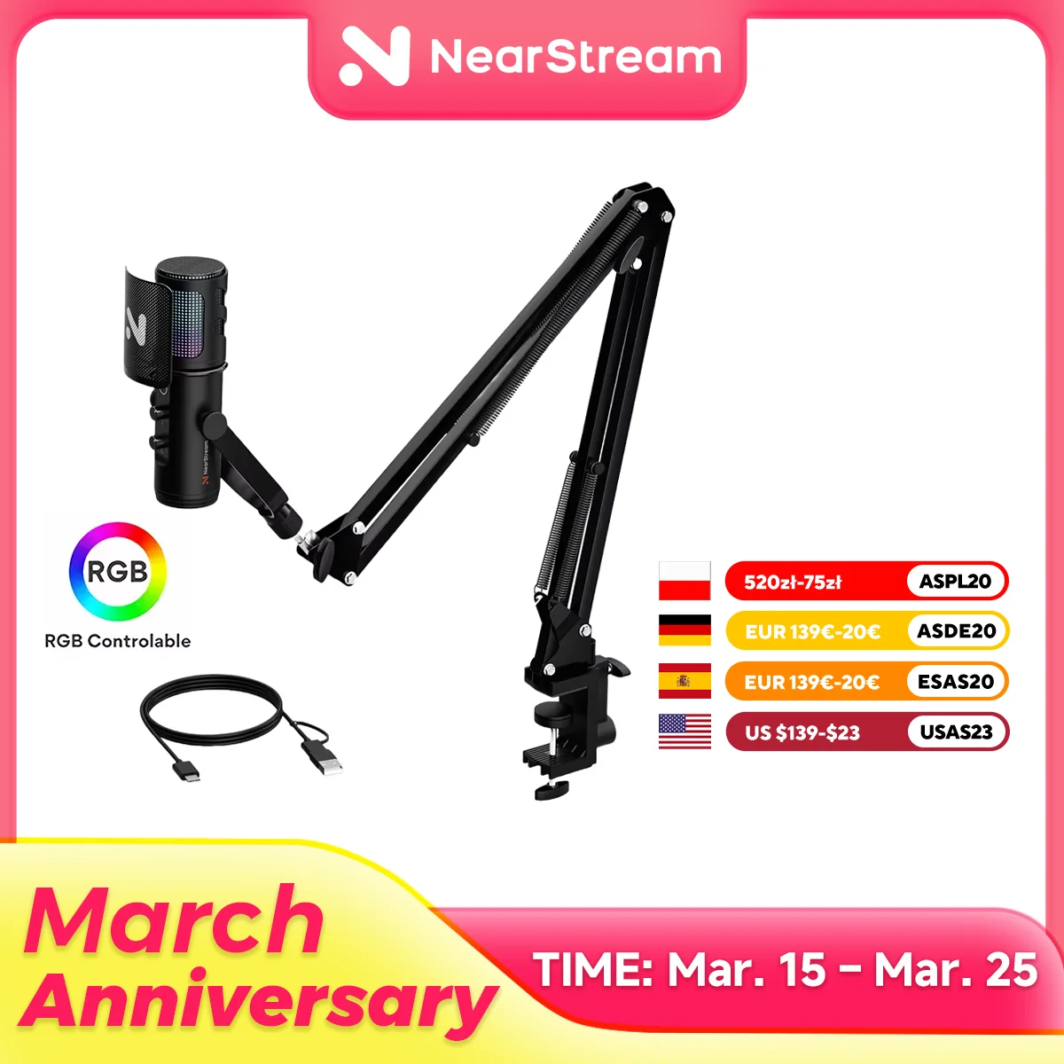 NearStream USB/XLR Condenser Micro Gaming Microphone with 8 RGB Modes Lighting,Boom Arm for Streaming on PC/PS5,Gamer Microphone
NearStream USB/XLR Condenser Micro Gaming Microphone with 8 RGB Modes Lighting,Boom Arm for Streaming on PC/PS5,Gamer Microphone
