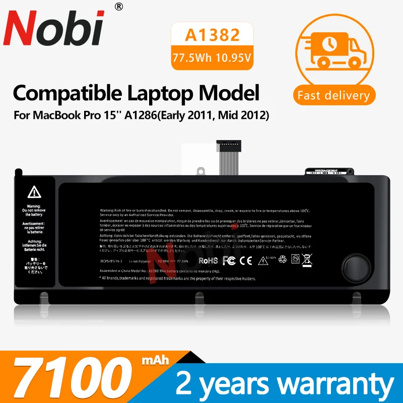 Nobi New A1382 Laptop Battery for Apple MacBook Pro 15" A1286 2011 2012 Version MC721 MC723 MC847 MD318 MD322 MD103 MD104
Nobi New A1382 Laptop Battery for Apple MacBook Pro 15" A1286 2011 2012 Version MC721 MC723 MC847 MD318 MD322 MD103 MD104