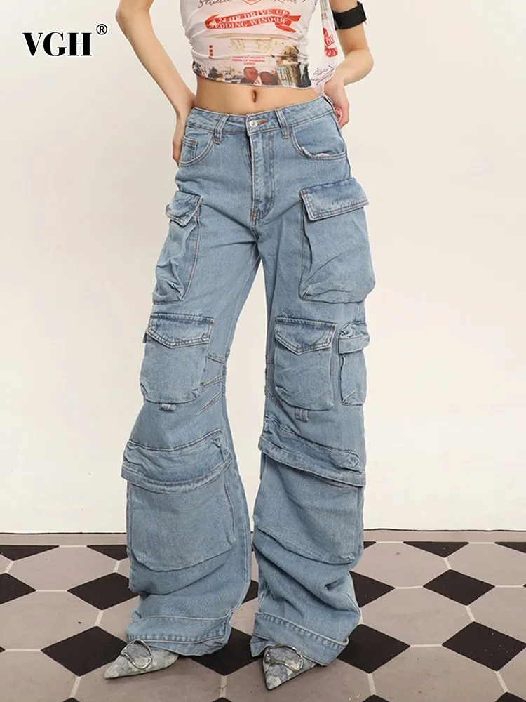 VGH Streetwear Denim Cargo Trousers For Women High Waist Spliced Pockets Loose Wide Leg Pants Female Fashion Clothing Style New
VGH Streetwear Denim Cargo Trousers For Women High Waist Spliced Pockets Loose Wide Leg Pants Female Fashion Clothing Style New