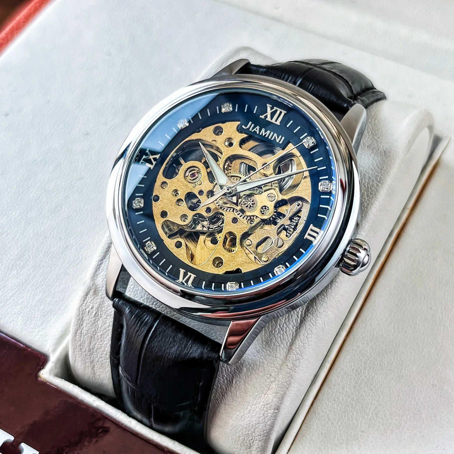 Premium Diamond Blue Light Stainless Steel Skeleton Luminous Waterproof Genuine Leather Strap Self-Wind Automatic Watch for Men
Premium Diamond Blue Light Stainless Steel Skeleton Luminous Waterproof Genuine Leather Strap Self-Wind Automatic Watch for Men