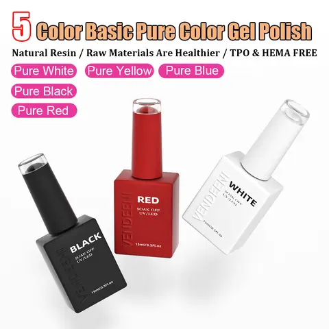 Vendeeni 5 Colors Basic Pure Color Gel Nail Polish UV Soak Off Gel Varnish White Black Red Yellow Blue Gel Lacquer For Nail Art