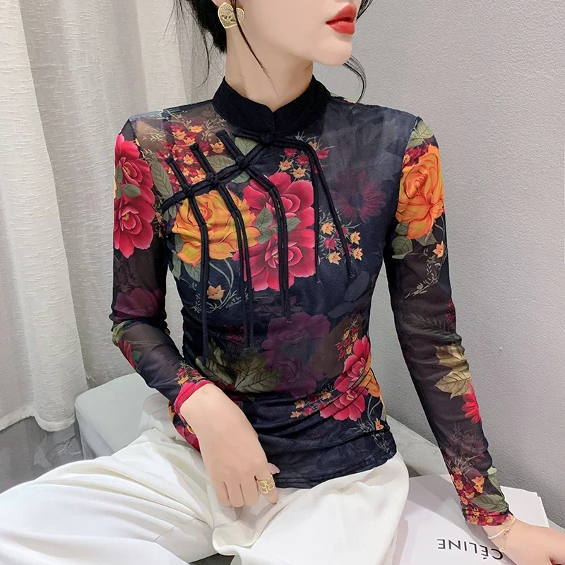 Женская Винтажная футболка с длинным рукавом, сетчатый топ в китайском стиле с воротником-стойкой и пуговицами, весна-осень 2023
Женская Винтажная футболка с длинным рукавом, сетчатый топ в китайском стиле с воротником-стойкой и пуговицами, весна-осень 2023