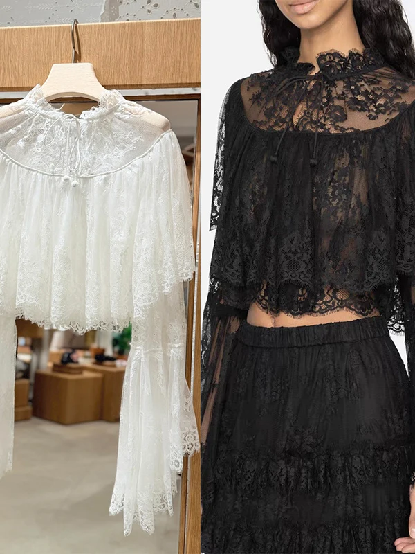 Summer 2026 New Arrival Lace Double Layered Cowl Neck Bell Sleeve Top with Belt Tie Design Court Style Loose Fit Nylon Fabric
Summer 2026 New Arrival Lace Double Layered Cowl Neck Bell Sleeve Top with Belt Tie Design Court Style Loose Fit Nylon Fabric