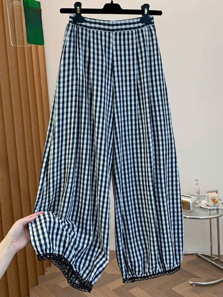 Retro Plaid Splicing Lace Lantern Pants Women Summer Lazy High Waist Casual Straight Loose Drapey Wide Leg Pants
Retro Plaid Splicing Lace Lantern Pants Women Summer Lazy High Waist Casual Straight Loose Drapey Wide Leg Pants