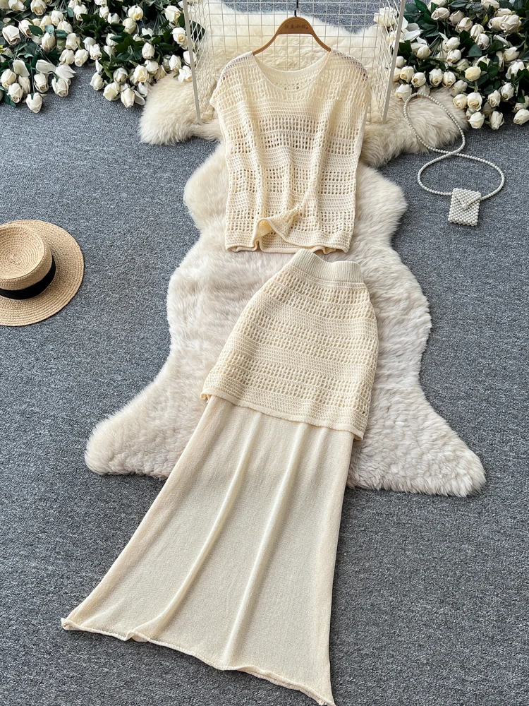 Ladies' Summer Slim Fit Hollow out Knitted Skirt Set High Waist Fashionable Commute Style mid Thickness Color Workwear
Ladies' Summer Slim Fit Hollow out Knitted Skirt Set High Waist Fashionable Commute Style mid Thickness Color Workwear