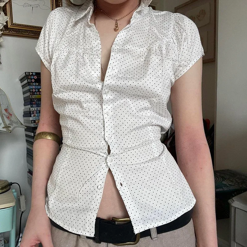 2025 Summer New Satin Wave Point Shirt for Women Simple Slim Waist Lace Up Blouses Short Sleeve Single Breasted Tops Mujer
2025 Summer New Satin Wave Point Shirt for Women Simple Slim Waist Lace Up Blouses Short Sleeve Single Breasted Tops Mujer