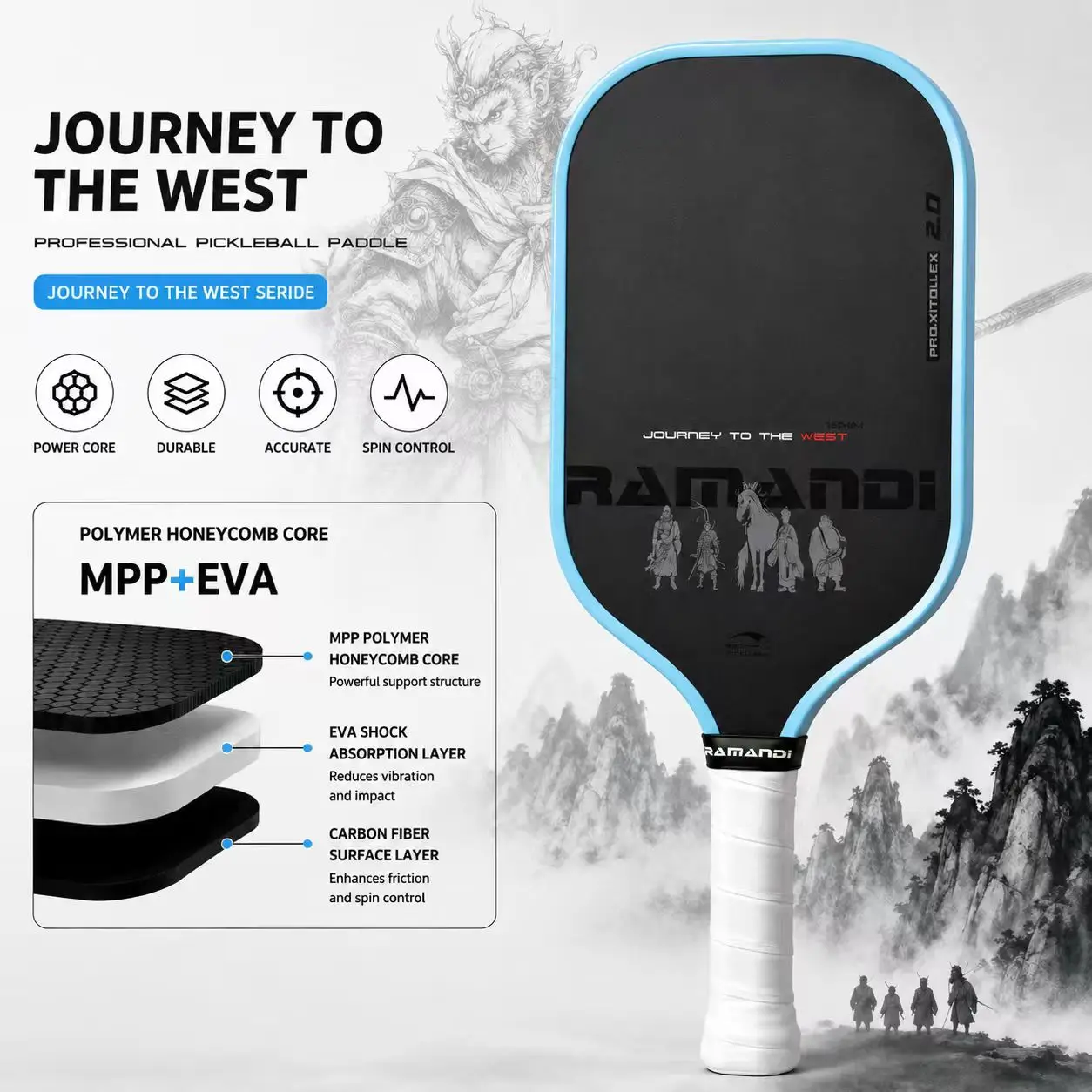 RAMANDI Journey to the West series high-performance pickleball paddle, power and balance, diamond sand surface, advanced aerospa
RAMANDI Journey to the West series high-performance pickleball paddle, power and balance, diamond sand surface, advanced aerospa