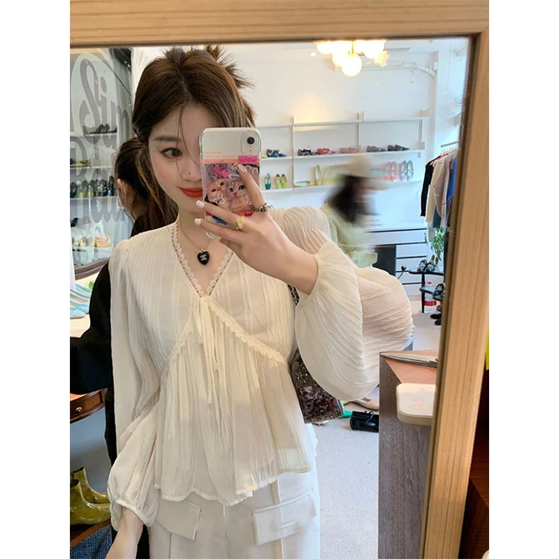 MEXZT Elegant Blouses Women Korean Lace-Up V Neck Shirts Office Lady Sweet Lace Bandage Puff Long Sleeve Casual Aesthetic Tops
MEXZT Elegant Blouses Women Korean Lace-Up V Neck Shirts Office Lady Sweet Lace Bandage Puff Long Sleeve Casual Aesthetic Tops