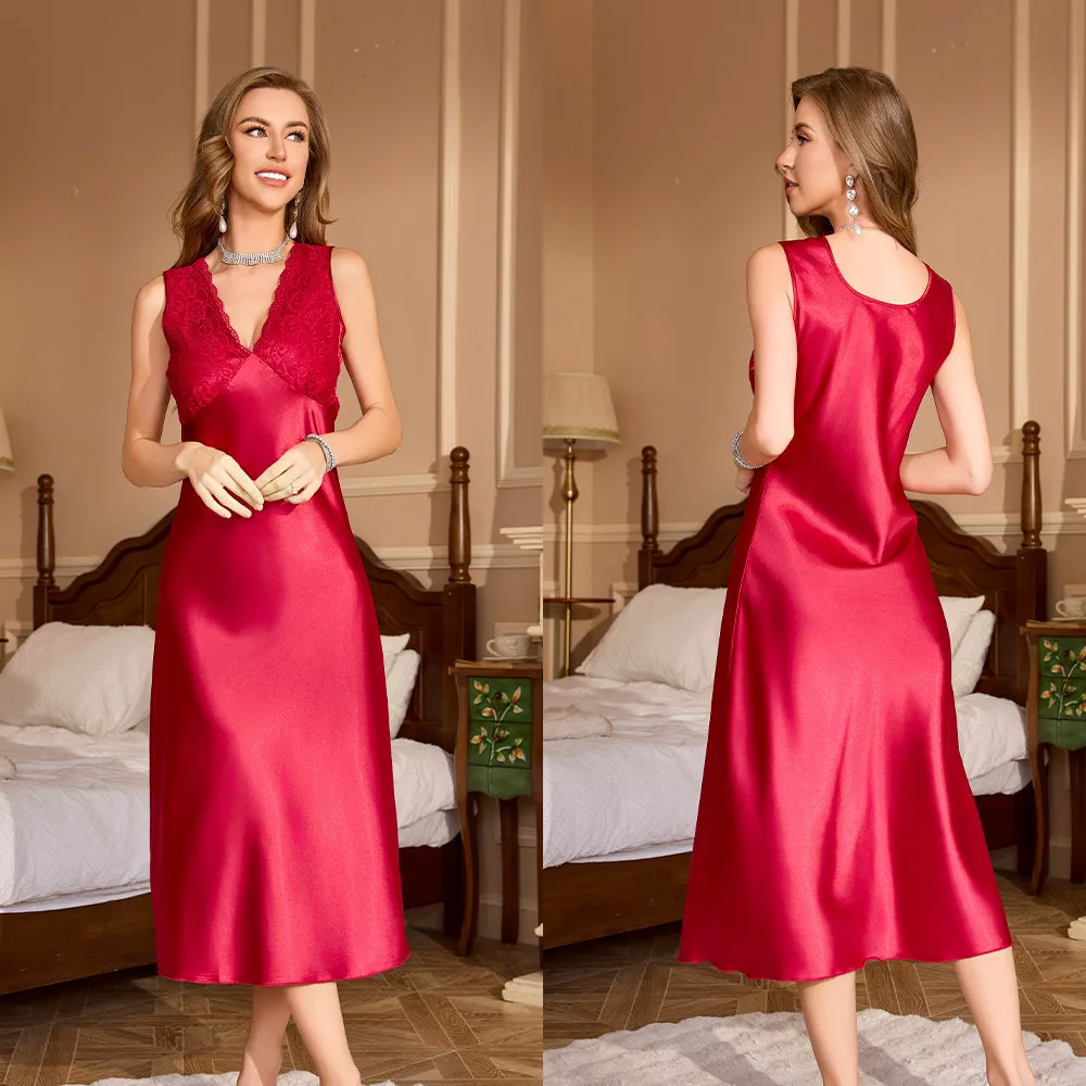 Elegant Women Red Satin Nightgown Sleeveless Lace Trim VNeck Midi Length HomeDress Luxury Sleepwear Comfortable Loungewear
Elegant Women Red Satin Nightgown Sleeveless Lace Trim VNeck Midi Length HomeDress Luxury Sleepwear Comfortable Loungewear
