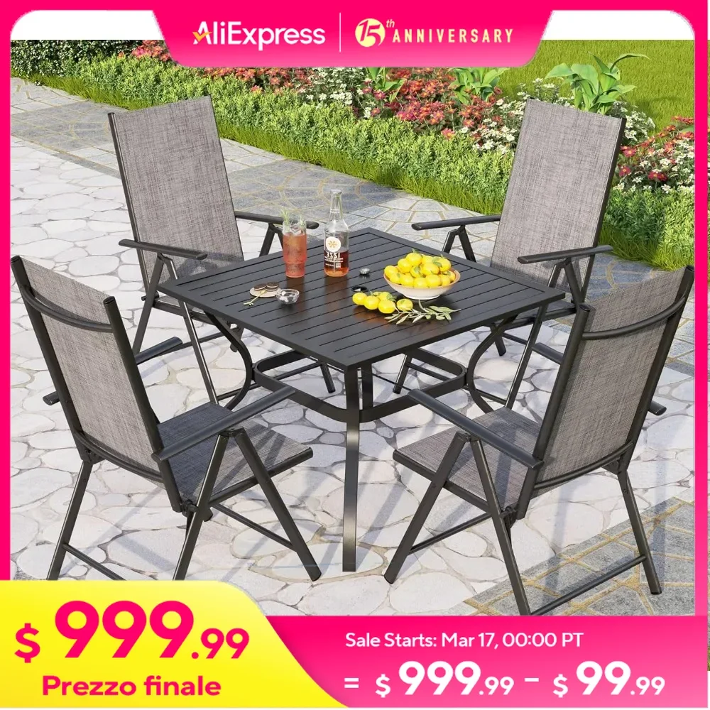5 Pcs Outdoor Dining Set with Patio Table and Chairs Set of 8, Adjustable Foldable Patio Chairs & Metal Steel Table for Garden
5 Pcs Outdoor Dining Set with Patio Table and Chairs Set of 8, Adjustable Foldable Patio Chairs & Metal Steel Table for Garden