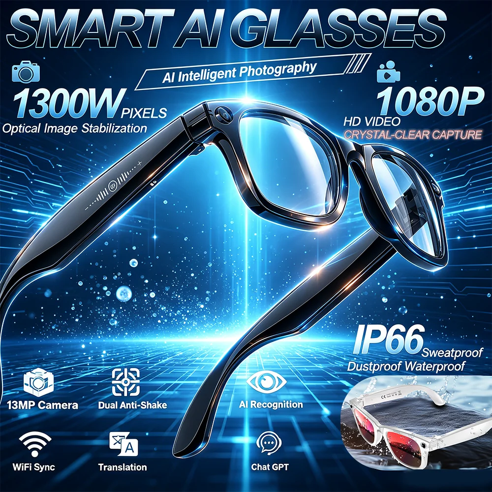 Bluetooth Call Waterproof Smart Glasses 1300W HD Camera Photo New Translation Photo Recognition WIFI Transmission
Bluetooth Call Waterproof Smart Glasses 1300W HD Camera Photo New Translation Photo Recognition WIFI Transmission
