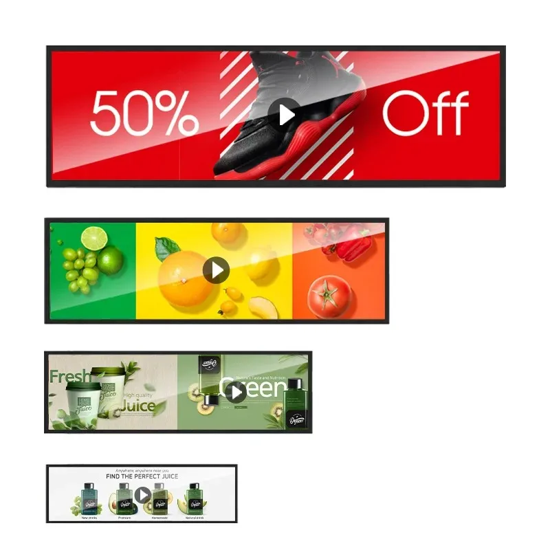 Cutting strip screen LCD strip screen Wall-mounted advertising machine Intelligent car subway guide screen
Cutting strip screen LCD strip screen Wall-mounted advertising machine Intelligent car subway guide screen