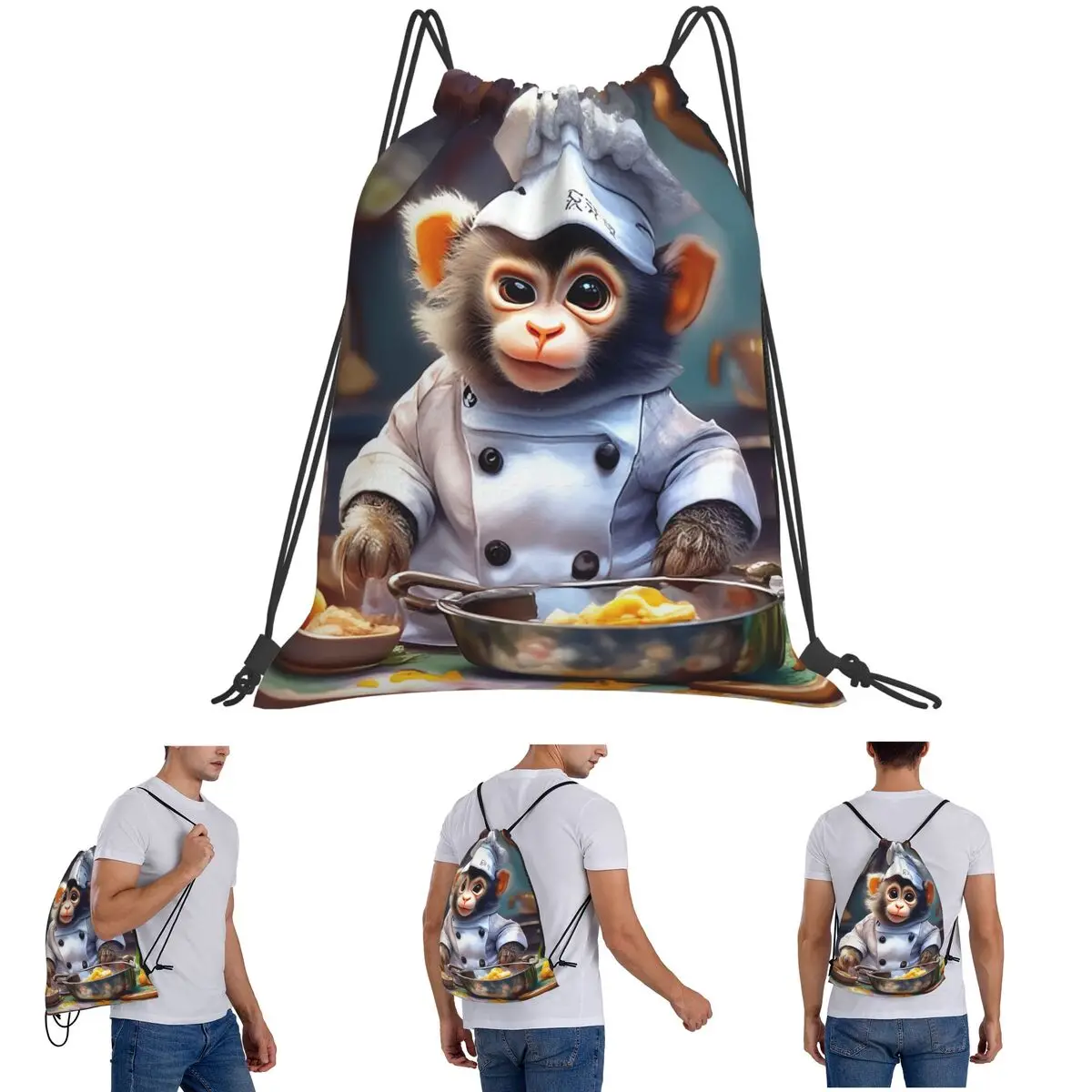 Cute Monkey Chef Backpacks Multi-function Drawstring Bags Sports Bag Book Bags for Man Woman Students