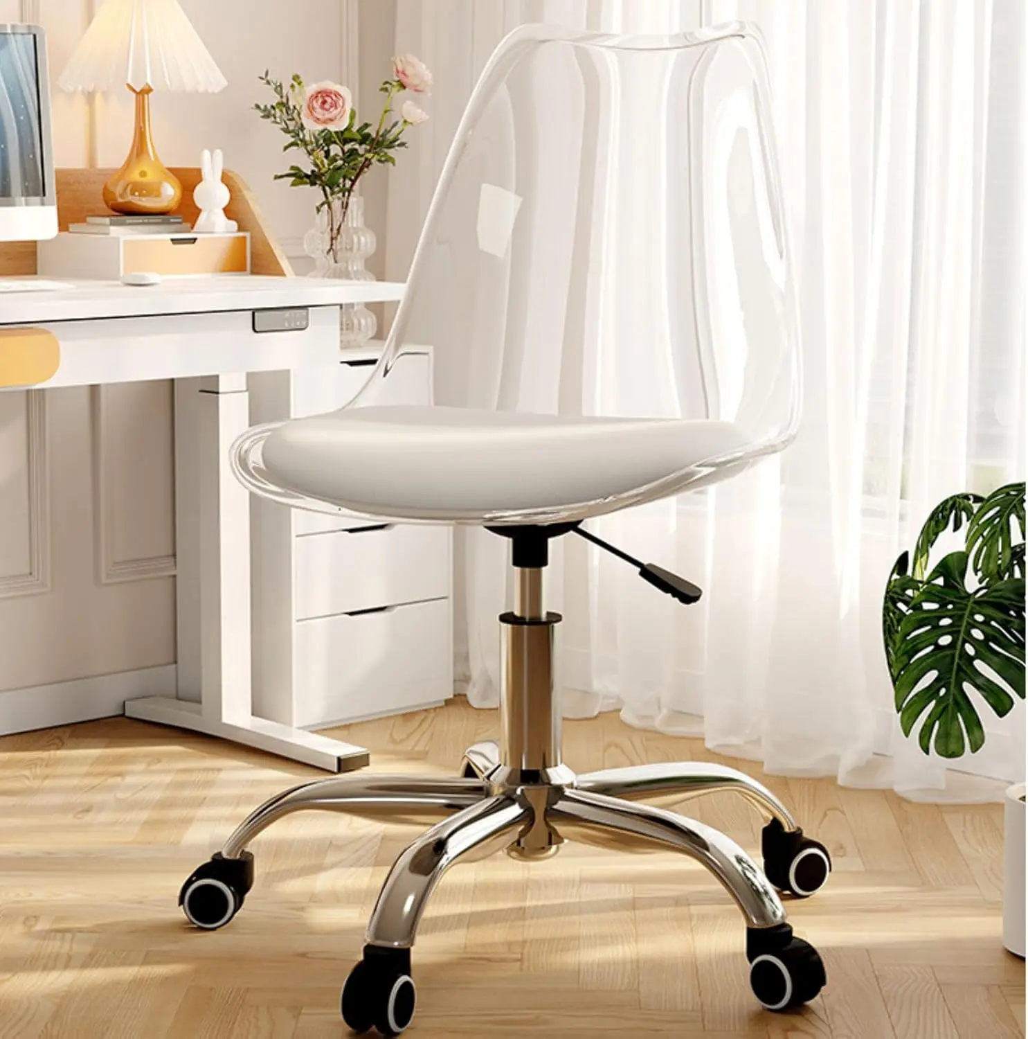 Modern Small Cute Arml Vanity Rolling Chair Adjustable Swive Chair For Office, Home, Make Up, Small Space, Bed Room (Clear)
Modern Small Cute Arml Vanity Rolling Chair Adjustable Swive Chair For Office, Home, Make Up, Small Space, Bed Room (Clear)