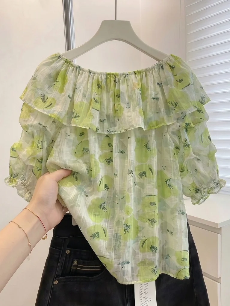Floral Print Chiffon Shirt Women's Beautiful One-Shoulder Bell Sleeve Top Korean Style Loose Fit Summer New Arrival plus Size
Floral Print Chiffon Shirt Women's Beautiful One-Shoulder Bell Sleeve Top Korean Style Loose Fit Summer New Arrival plus Size
