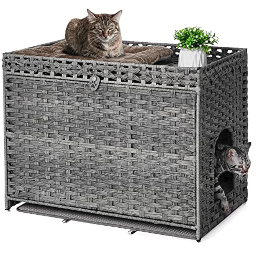 Cat Litter Box Enclosure with Soft Litter Mat; Hidden Kitten Washroom Furniture with Door; Handwoven Rattan Cat House with Larg
Cat Litter Box Enclosure with Soft Litter Mat; Hidden Kitten Washroom Furniture with Door; Handwoven Rattan Cat House with Larg