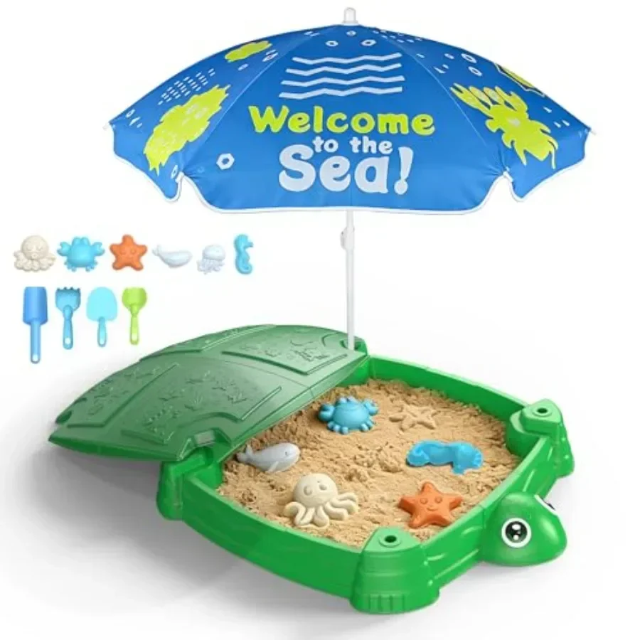 Outdoor turtle-themed sandbox with lid and adjustable umbrella, large square design in blue and green, durable UV-resistant pla
Outdoor turtle-themed sandbox with lid and adjustable umbrella, large square design in blue and green, durable UV-resistant pla
