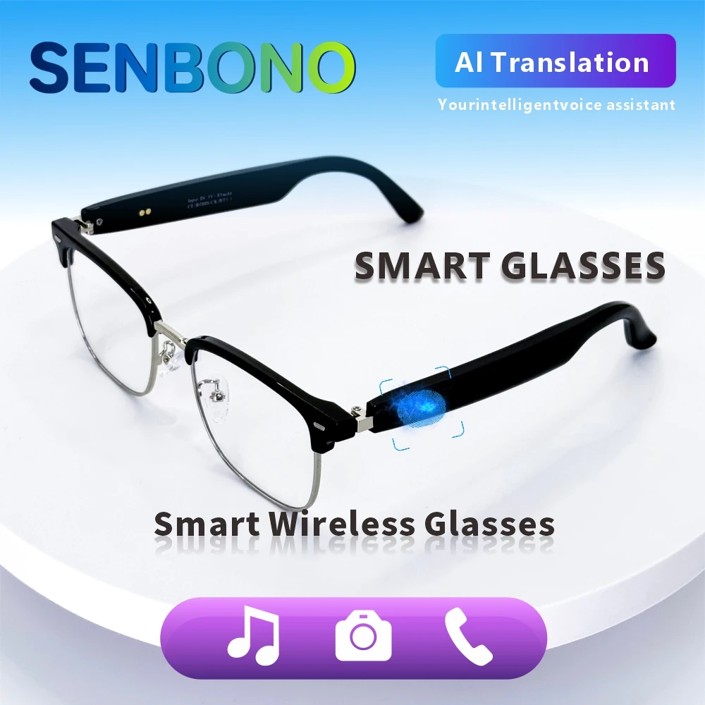 SENBONO Fashion Smart Glasses AI Translation 144+ Languages Real-time Translator BT Call Play Music Camera Control for Men Women
SENBONO Fashion Smart Glasses AI Translation 144+ Languages Real-time Translator BT Call Play Music Camera Control for Men Women